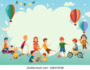 Colored cartoon playing kids background or frame with air balloons and group of children vector illustration