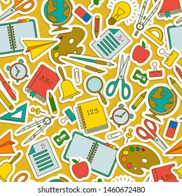 Colored cartoon school seamless pattern with isolated flying school elements an tools vector illustration