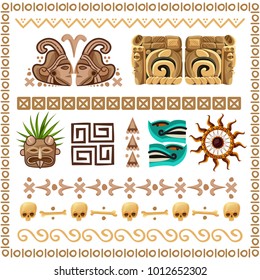 Colored cartoon set of ornaments patterns and  decorative elements on ancient mayan culture theme vector illustration 