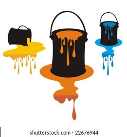 Colored cartoon silhouettes of open overflowing paint cans. No gradient fills. Easy to customize.