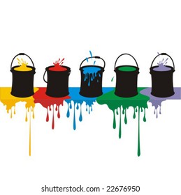 Colored cartoon silhouettes of a row of paint-cans shedding paint from the top of a wall. No gradient fills. Easy to customize.