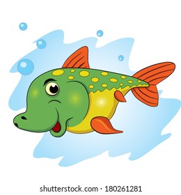 Colored cartoon smiling fish in water on white background.