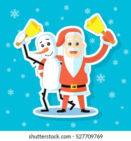 colored cartoon sticker flat art illustration of Snowman with Santa Claus hugging