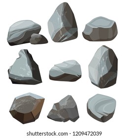 Colored cartoon stones. Granite large and small rocky gravels and boulders vector colored pictures. Granite stone, boulder rock collection of illustration