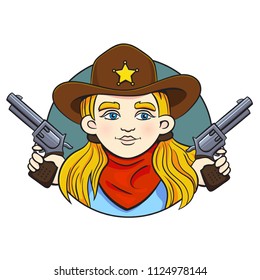 Colored in cartoon style vector illustration with young girl in sheriff hat and two revolvers in her hands.Can used for printing on clothes, banners, posters, web design.