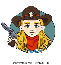 Colored in cartoon style vector round illustration with young rodeo girl in cowboy hat and revolver in her hand.Can used for printing on clothes, banners, posters, web design.