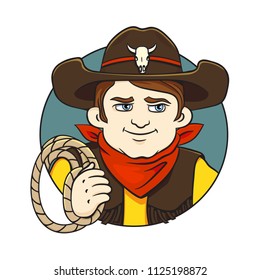 Colored in cartoon style vector round illustration with young cowboy in  hat and lasso in his hand.Can used for printing on clothes, banners, posters, web design.