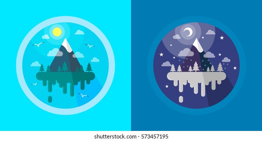 colored cartoon vector illustration of flying islands, day and night