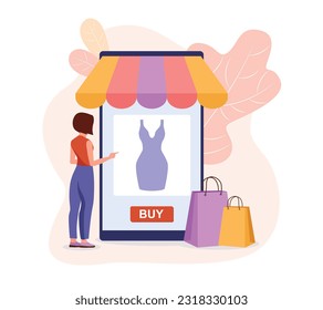 Colored cartoon woman doing shopping over internet. Electronic commerce and online stores buyers. Digital environment and fashion sector. Vector illustration