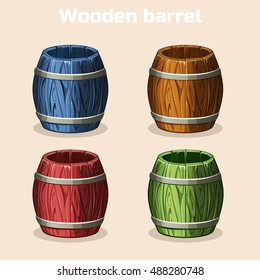 colored cartoon wooden barrels, game elements in vector