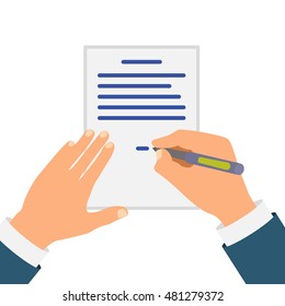 Colored Cartooned Hand Signing Contract Graphic Design on White Background.