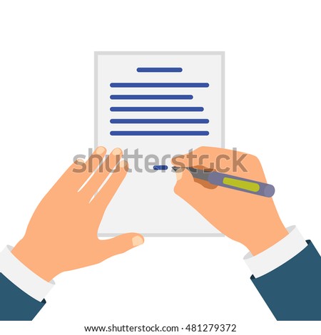Colored Cartooned Hand Signing Contract Graphic Design on White Background.