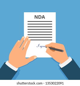 Colored Cartooned Hand Signing NDA. Contract Signed document. NDA concept. Secret files. Stock vector illustration.