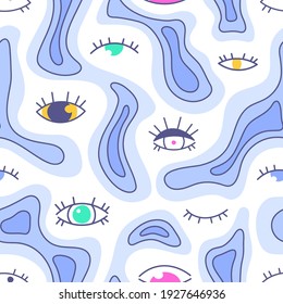 The Colored, cartoonish, seamless pattern consists of various hand-drawn graphics. Eyes vector flat illustration, symbol of evil, clairvoyance isolated on white background. Fabric, textiles, wallpaper
