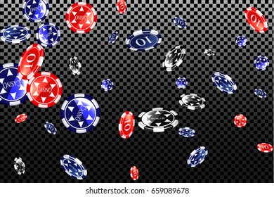 Colored casino chips falling on a transparent background. Vector illustration.