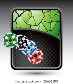 colored casino chips on green cracked background