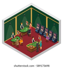 Colored casino isometric interior composition with two walls and red floor with gambling tables and visitors vector illustration