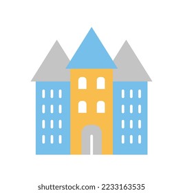 Colored castle icon. Medieval architecture and building, fortified and luxurious quarters of king and queens. History and real estate. Poster or banner for website. Cartoon flat vector illustration