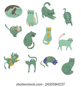 Colored cats with different poses and emotions. Cats in simple cute style, isolated vector illustration. A set of illustrations in a minimalistic style. Green cats of different shapes. Cute colored 