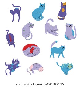 Colored cats with different poses and emotions. Cats in simple cute style, isolated vector illustration. A set of illustrations in a minimalistic style. Blue cats of different shapes. Cute colored cat