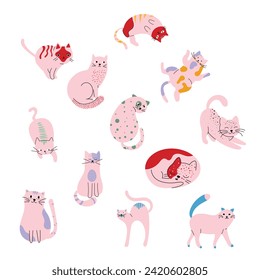 Colored cats with different poses and emotions. Cats in simple cute style, isolated vector illustration. A set of illustrations in a minimalistic style. Pink cats of different shapes. Cute colored cat