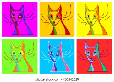 Colored Cats In The Style Of Andy Warhol. Pop Art Vector Illustration 