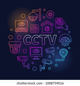 Colored CCTV round illustration. Vector closed-circuit television concept symbol in thin line style on dark background