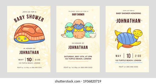 Colored celebration party invitation designs with little turtles. Creative holiday invitations with funny turtle. Marine wildlife and animals concept. Template for leaflet, banner or flyer