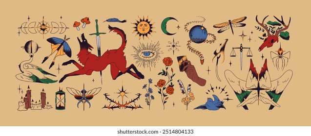 Conjunto de tatuagens celestiais coloridas. Elementos místicos estilizados: olho mágico, lua oculta, sol. Abstrato flores, pássaros, crânio, astrologia gótica em estilo de esboço. Ilustrações isoladas de vetor desenhadas à mão