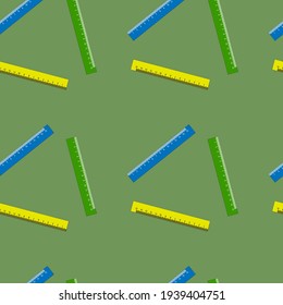 Colored centimeter rulers on a green seamless background. Vector illustration. Background.