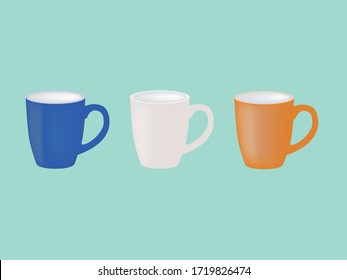 Colored ceramic mugs for coffee or tea on green background. Cup Icon for Graphic Design Projects, Realistic vector illustration.