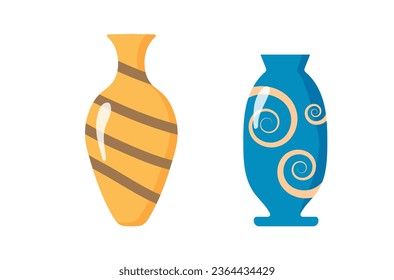 Colored ceramic vases objects, antique cups with flowers, floral and abstract patterns. Set of ceramic vases. Kitchen utensils, clay bowls and pots. Elements of the interior. Vector illustration.