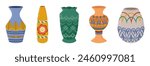 Colored ceramic vases set. Porcelain vase for flowers, antique pottery, floral and abstract patterns. Vase pottery for decoration. Trendy flat style isolated on white. Vector illustration