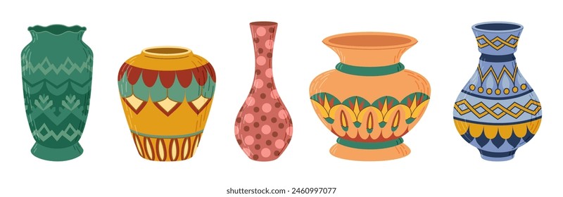 Colored ceramic vases set. Porcelain vase for flowers, antique pottery, floral and abstract patterns. Vase pottery for decoration. Trendy flat style isolated on white. Vector illustration