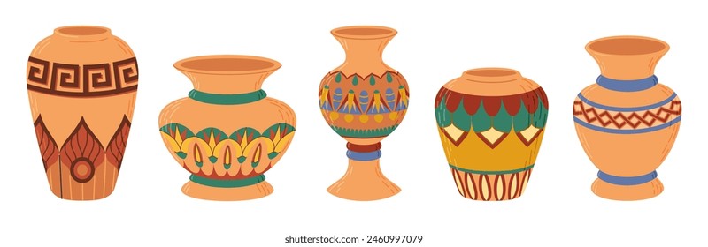 Colored ceramic vases set. Porcelain vase for flowers, antique pottery, floral and abstract patterns. Vase pottery for decoration. Trendy flat style isolated on white. Vector illustration