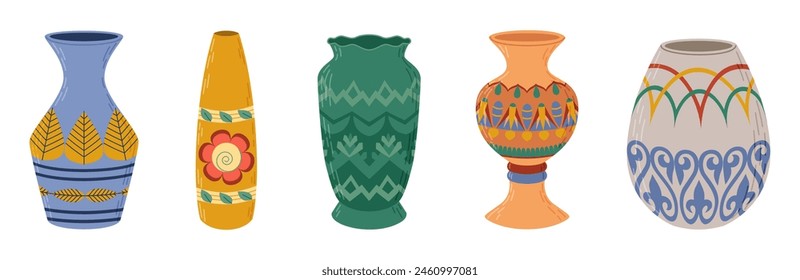 Colored ceramic vases set. Porcelain vase for flowers, antique pottery, floral and abstract patterns. Vase pottery for decoration. Trendy flat style isolated on white. Vector illustration