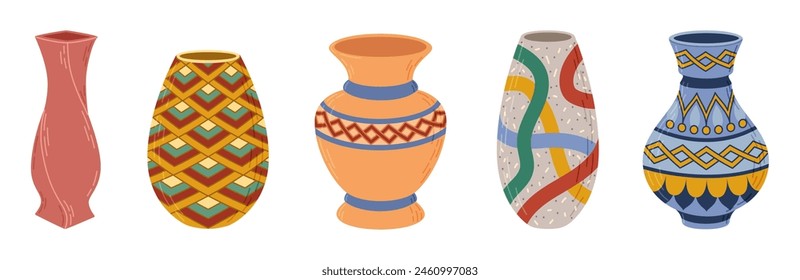 Colored ceramic vases set. Porcelain vase for flowers, antique pottery, floral and abstract patterns. Vase pottery for decoration. Trendy flat style isolated on white. Vector illustration