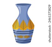 Colored ceramics vase. Porcelain vase for flowers, antique pottery, floral and abstract patterns. Vase pottery, floral pot, colorful jug. Trendy flat style isolated on white. Vector illustration