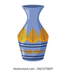 Colored ceramics vase. Porcelain vase for flowers, antique pottery, floral and abstract patterns. Vase pottery, floral pot, colorful jug. Trendy flat style isolated on white. Vector illustration