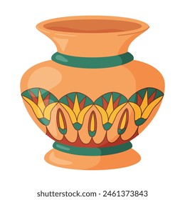 Colored ceramics vase. Porcelain vase for flowers, antique pottery, floral and abstract patterns. Vase pottery, floral pot, colorful jug. Trendy flat style isolated on white. Vector illustration