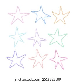 Colored chalk crayon drawn Star set. Abstract Doodle cute stars. Freehand Sketch simple art. Child Drawing doodles. Pencil texture. Element for design. Vector illustration