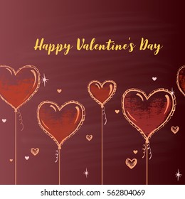 Colored chalk drawn horizontal pattern with balloons in the form of hearts. Happy Valentine's Day theme. Card design. Romantic mood.