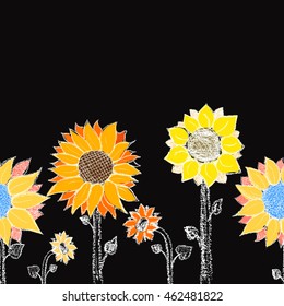  Farbige Kreide gezeichnet horizontalen nahtlosen Muster mit verschiedenen Sonnenblumen. Handgezeichnete Blumen. Farbiger Rahmen.