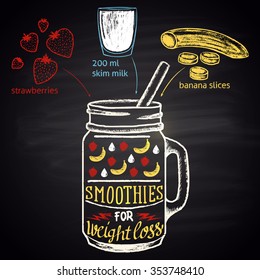  Colored chalk drawn illustration of  banana and strawberry smoothie in a bottle with ingredients. Smoothies for weight loss collection. Low fat!