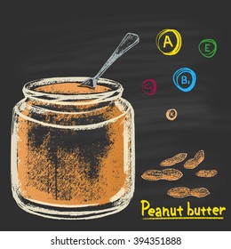Colored chalk drawn illustration of bank with peanut (groundnut) butter. Vitamins A, E, B1, K and Calcium. Tasty food. Dessert, sweet. Traditional American sweetness.