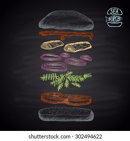 Colored chalk drawn illustration of black sea burger with squid, estragon. No meat!