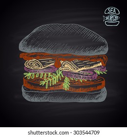  Colored chalk drawn illustration of black sea burger with squid, estragon. No meat!