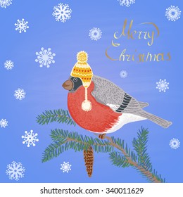Colored chalk drawn illustration with bullfinch in a hat on fur-tree branch, "Merry Christmas" text and snowflakes. Happy New 2016 Year Theme. Card design. 