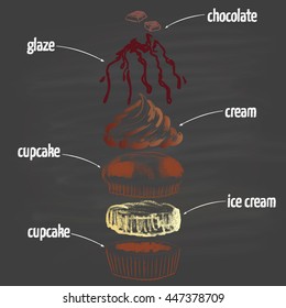  Colored chalk drawn illustration of chocolate ice cream cupcake with ingredients. Infographic. Frozen cupcake. The best cold sweetness for a hot summer.