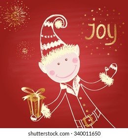  Colored chalk drawn illustration with elf in traditional costume with a gift, "Joy" text and salutes on red chalkboard. Happy New 2016 Year Theme. Card design. 